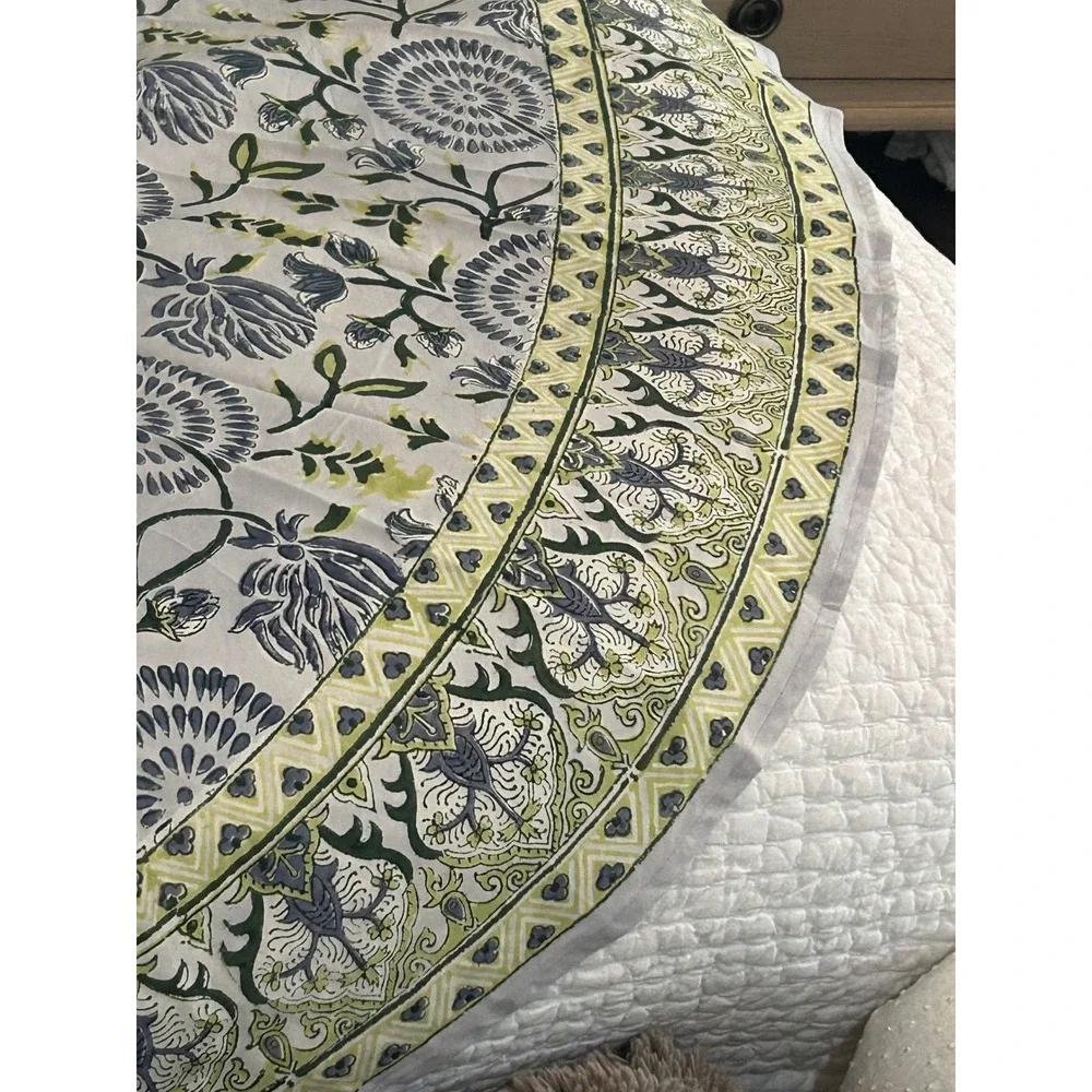 Natural Habitat Maya Blue Tablecloth 86 Round Cotton Hand Block Print India